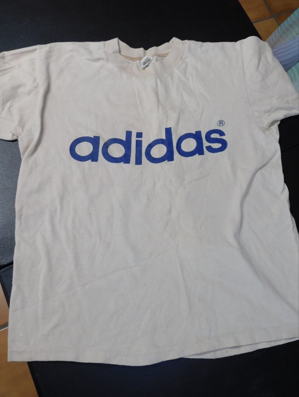 VINTAGE - adidas White Short Sleeve Tee with Blue Vertical Wordmark